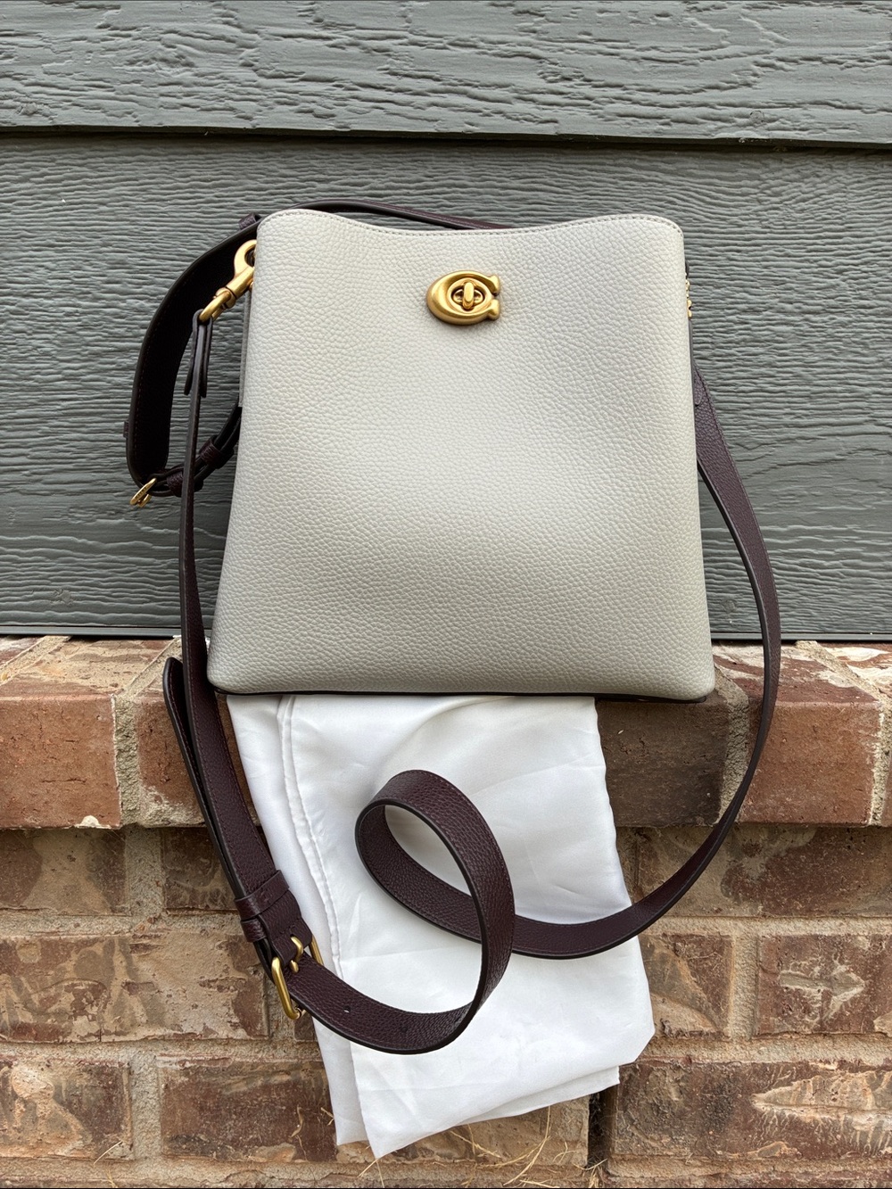 Coach Willow Pebbled Leather Shoulder Bag in Grey with Burgundy Trim